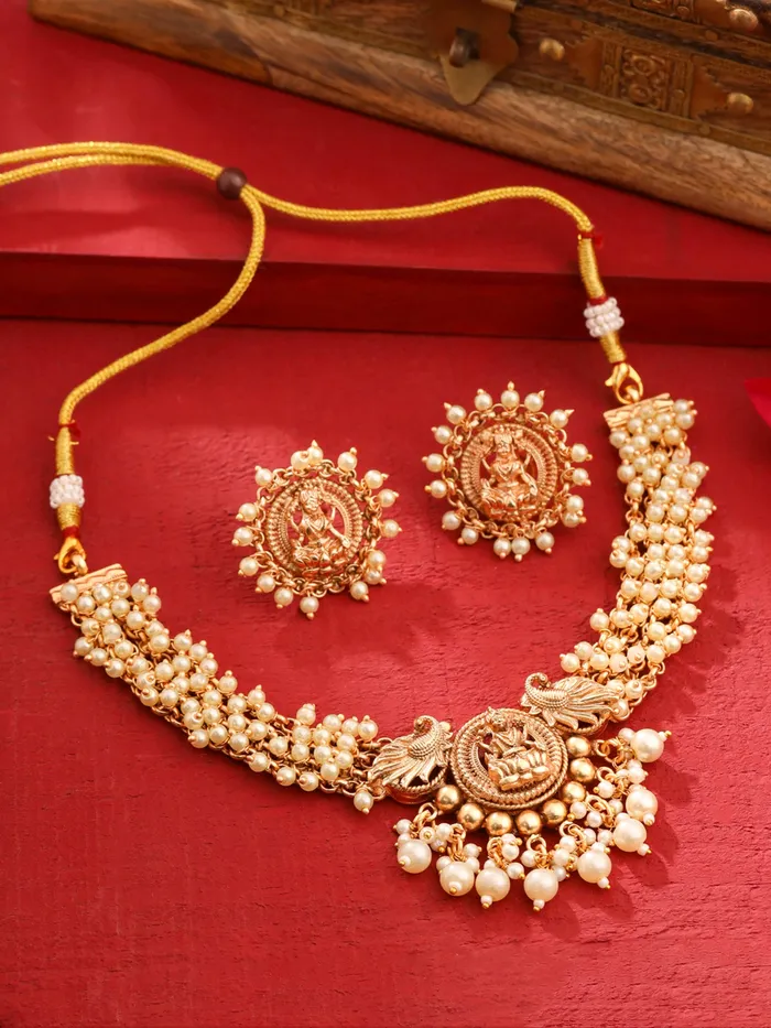 Yellow Chimes Earrings Temple Jewellery Set Golden Necklace with Pearls One Size Gold