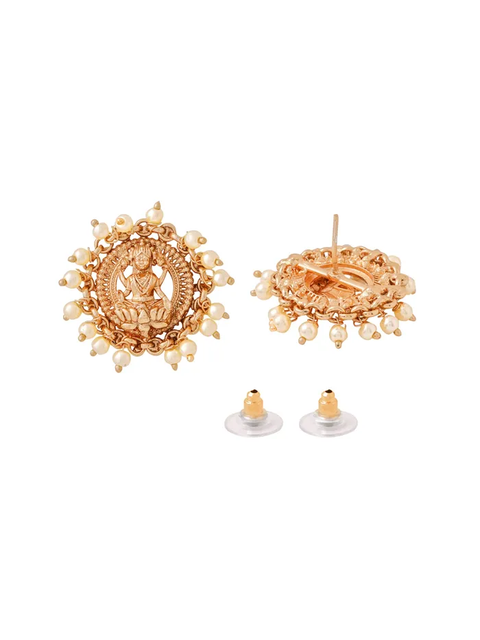 Yellow Chimes Earrings Temple Jewellery Set Golden Necklace with Pearls One Size Gold