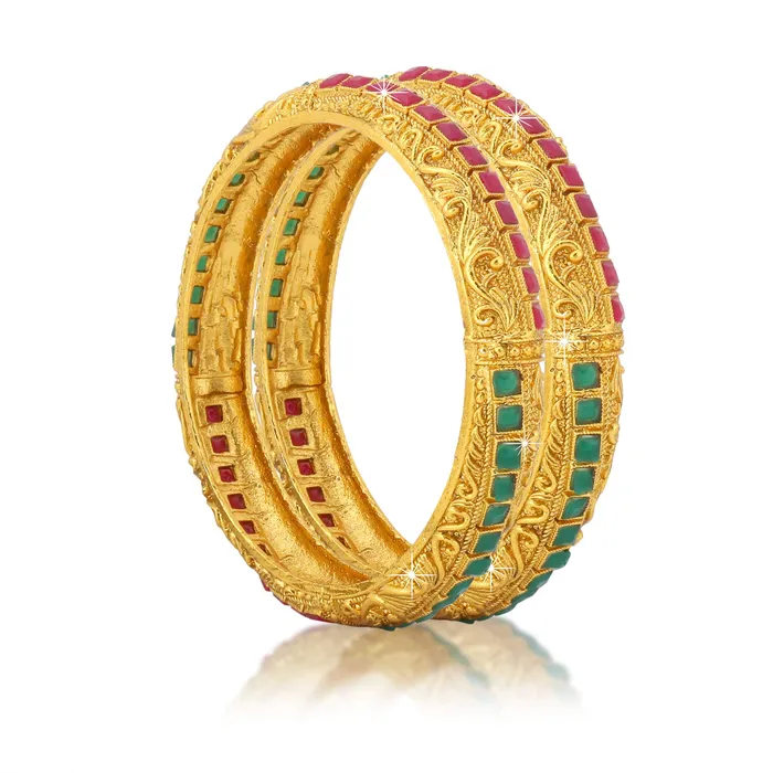 Yellow Chimes Earrings Yellow Chimes Classic Design Studded Stones 2 PCs Traditional Gold Plated Bracelet Bangles Set for Women and Girls 28