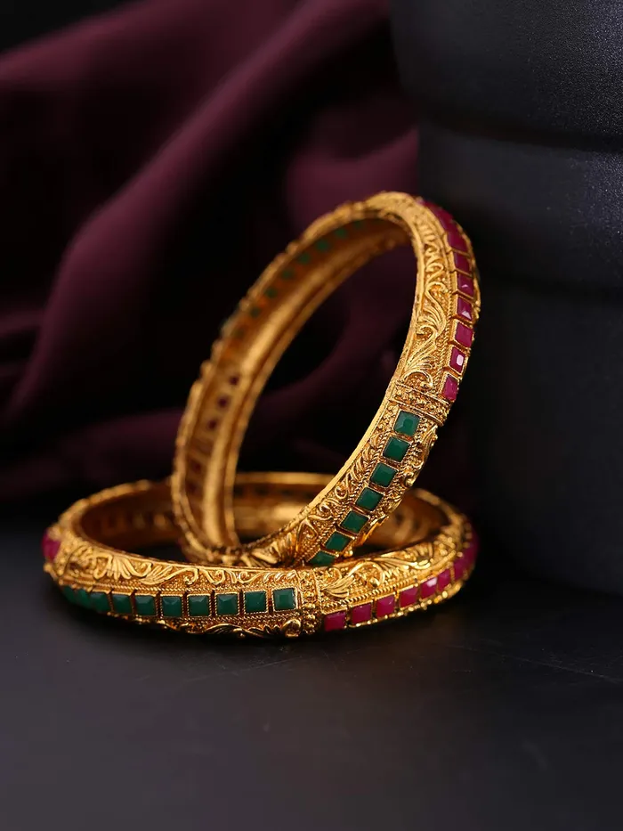 Yellow Chimes Earrings Yellow Chimes Classic Design Studded Stones 2 PCs Traditional Gold Plated Bracelet Bangles Set for Women and Girls 28