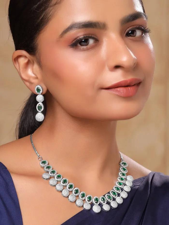 Yellow Chimes Earrings Yellow Chimes Diamond Necklace Set for Women Green Stone Silver Necklace Set AD Jewellery Set for Women Silver Diamond Necklace Set Birthday Gift for Girls Women Anniversary Gift for Wife