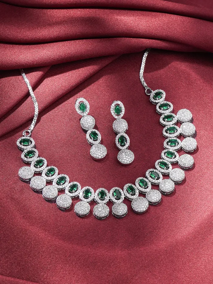 Yellow Chimes Earrings Yellow Chimes Diamond Necklace Set for Women Green Stone Silver Necklace Set AD Jewellery Set for Women Silver Diamond Necklace Set Birthday Gift for Girls Women Anniversary Gift for Wife