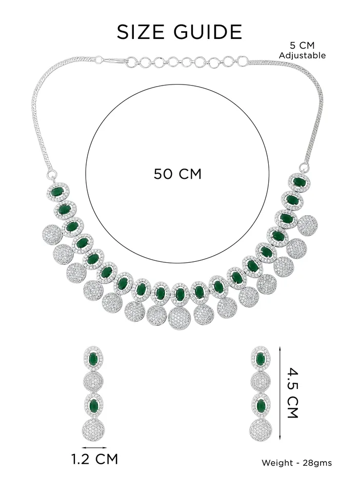 Yellow Chimes Earrings Yellow Chimes Diamond Necklace Set for Women Green Stone Silver Necklace Set AD Jewellery Set for Women Silver Diamond Necklace Set Birthday Gift for Girls Women Anniversary Gift for Wife