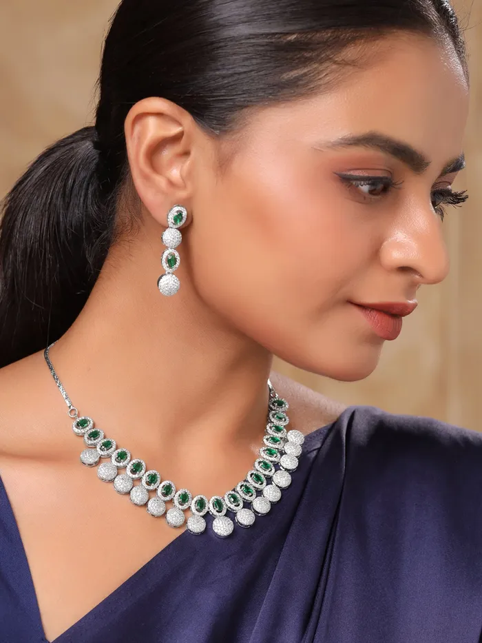 Yellow Chimes Earrings Yellow Chimes Diamond Necklace Set for Women Green Stone Silver Necklace Set AD Jewellery Set for Women Silver Diamond Necklace Set Birthday Gift for Girls Women Anniversary Gift for Wife