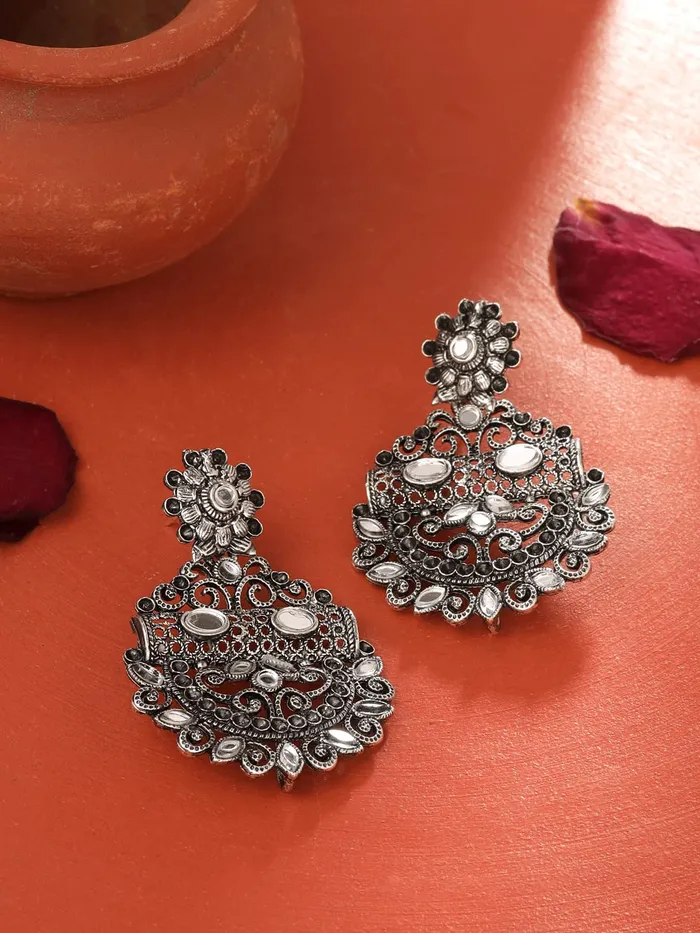 Yellow Chimes Earrings Yellow Chimes Earrings For Women Silver Toned Mirror Studded Chandbali Earrings For Women and Girls