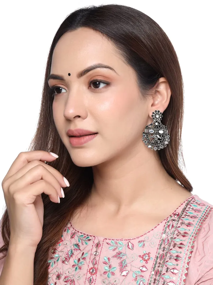 Yellow Chimes Earrings Yellow Chimes Earrings For Women Silver Toned Mirror Studded Chandbali Earrings For Women and Girls