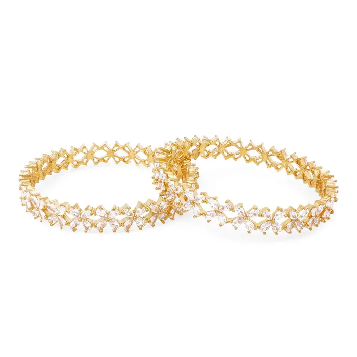 Yellow Chimes Earrings Yellow Chimes Elegant Set of 2 Pcs White ADAmerican Diamond Studded 18k Gold Plated Handcrafted Floral Bangles for Women Girls 26