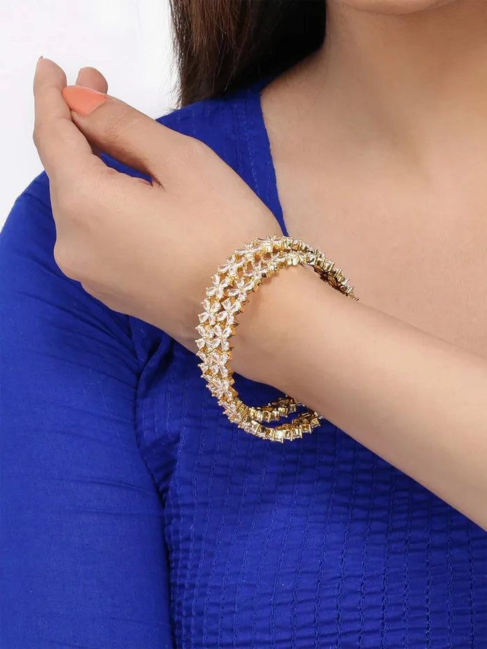Yellow Chimes Earrings Yellow Chimes Elegant Set of 2 Pcs White ADAmerican Diamond Studded 18k Gold Plated Handcrafted Floral Bangles for Women Girls 26