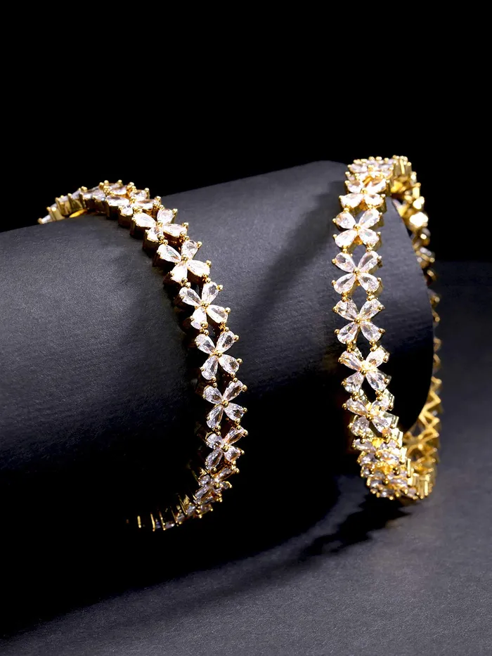 Yellow Chimes Earrings Yellow Chimes Elegant Set of 2 Pcs White ADAmerican Diamond Studded 18k Gold Plated Handcrafted Floral Bangles for Women Girls 26
