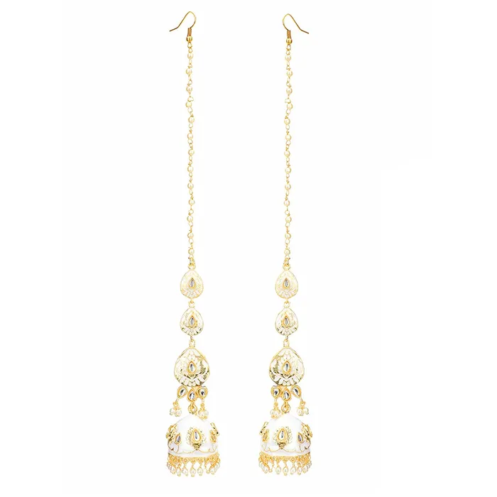 Yellow Chimes Earrings Yellow Chimes Ethnic Gold Plated Kundan Studded White Meenakari Design Pearl Jhumka Earrings for Women and Girls Medium Model Number YCTJERMKRIJUMWH