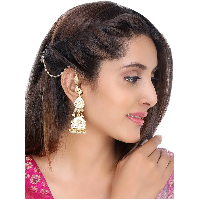 Yellow Chimes Earrings Yellow Chimes Ethnic Gold Plated Kundan Studded White Meenakari Design Pearl Jhumka Earrings for Women and Girls Medium Model Number YCTJERMKRIJUMWH