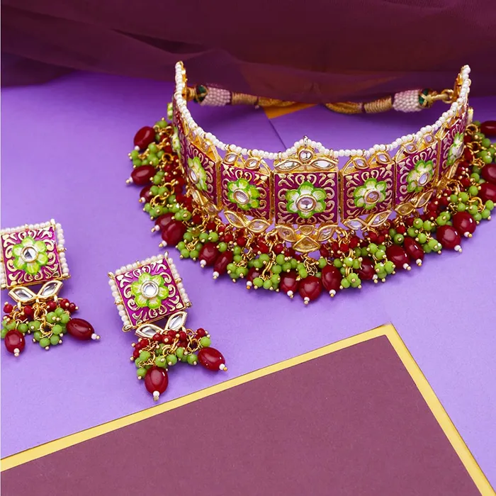 Yellow Chimes Earrings Yellow Chimes Ethnic Gold Plated Studded Kundan Beads Flower Design Jewellery Set Multicolour Meenakari Choker Necklace Set for Women and Girls Design 2