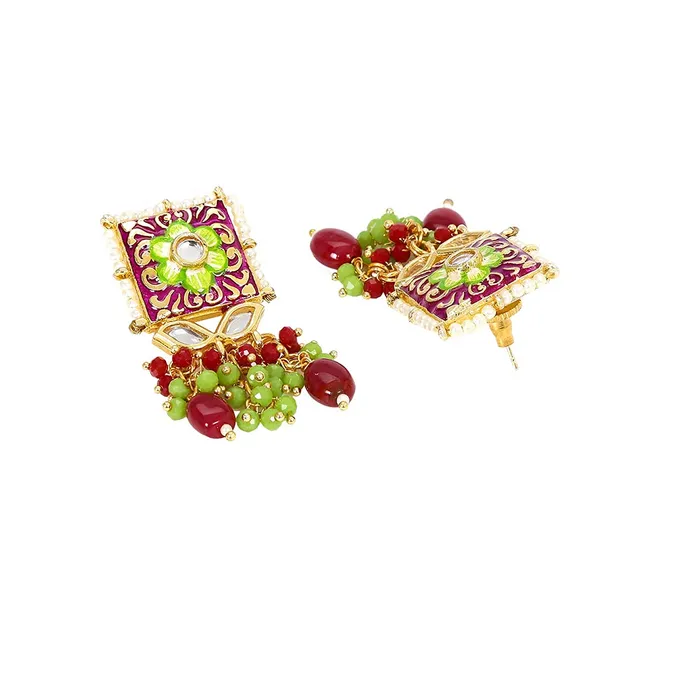 Yellow Chimes Earrings Yellow Chimes Ethnic Gold Plated Studded Kundan Beads Flower Design Jewellery Set Multicolour Meenakari Choker Necklace Set for Women and Girls Design 2