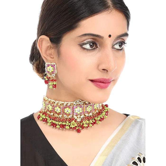 Yellow Chimes Earrings Yellow Chimes Ethnic Gold Plated Studded Kundan Beads Flower Design Jewellery Set Multicolour Meenakari Choker Necklace Set for Women and Girls Design 2