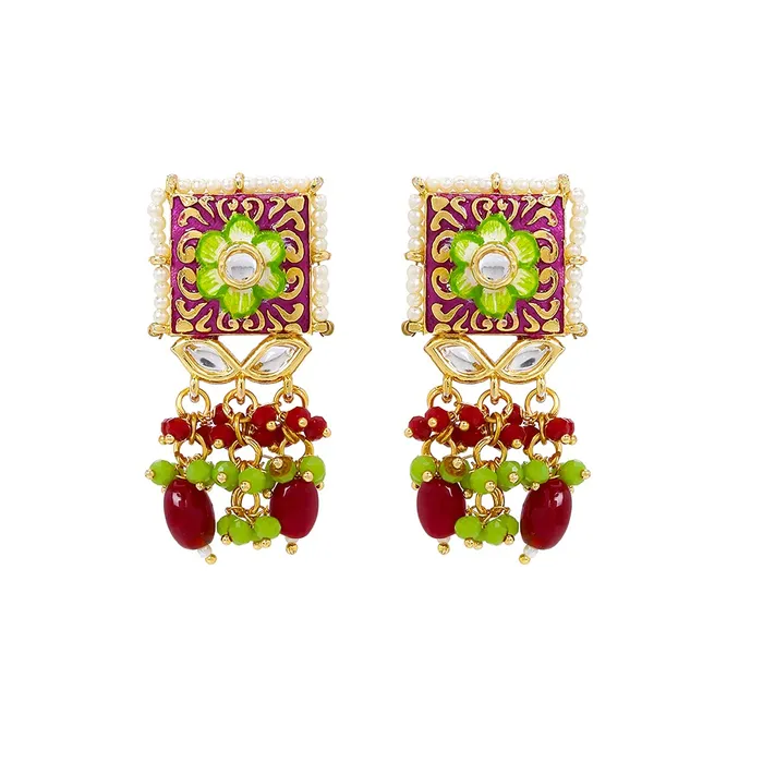 Yellow Chimes Earrings Yellow Chimes Ethnic Gold Plated Studded Kundan Beads Flower Design Jewellery Set Multicolour Meenakari Choker Necklace Set for Women and Girls Design 2