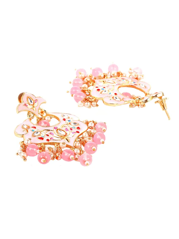 Yellow Chimes Earrings Yellow Chimes Ethnic Gold Plated Traditional Beads Pink Meenakari Floral Design Chandbali Earrings for Women and Girls Medium YCTJER99MNKFLWPK