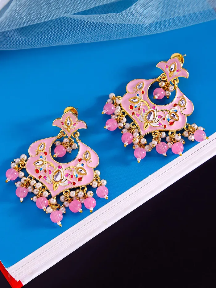 Yellow Chimes Earrings Yellow Chimes Ethnic Gold Plated Traditional Beads Pink Meenakari Floral Design Chandbali Earrings for Women and Girls Medium YCTJER99MNKFLWPK
