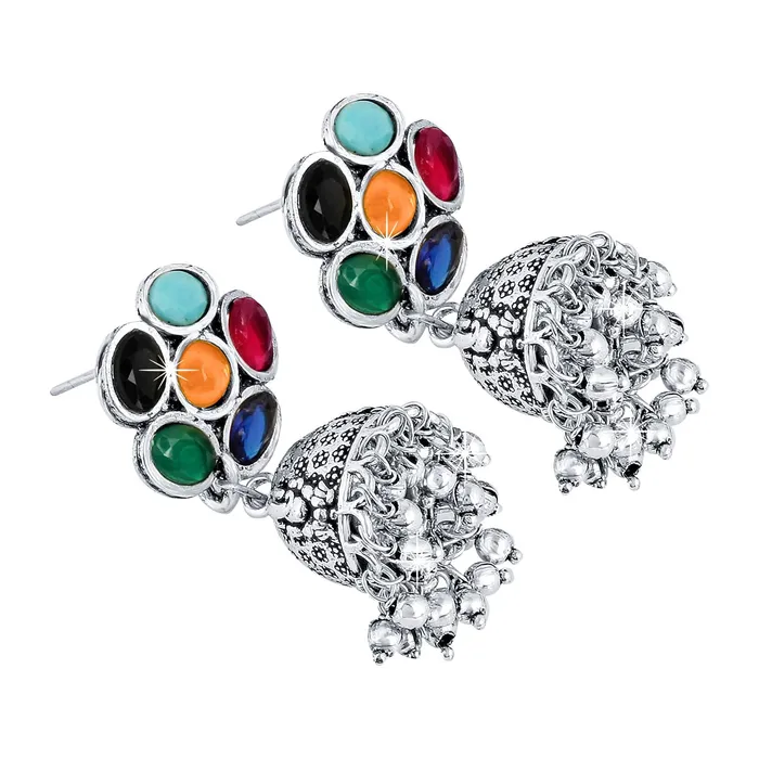 Yellow Chimes Earrings Yellow Chimes Floral Flauntsy Stylish Emerald Stone Oxidized Silver Traditional Jhumka Earrings for Women and Girls