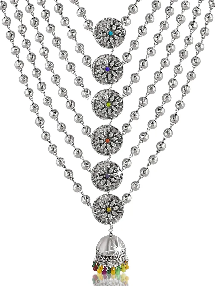 Yellow Chimes Earrings Yellow Chimes German Silver Oxidized Designer Multi Layer Beads Necklace Set with Stud Earrings Jewellery set for Women and Girls