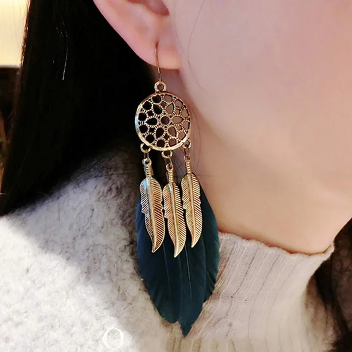Yellow Chimes Earrings Yellow Chimes Green Feather Latest Long Tassel Earrings for Women and Girls