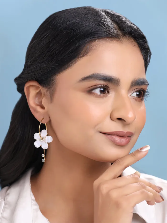 Yellow Chimes Earrings Yellow Chimes Hoop Earrings for Women Fashion Floral Shaped Hoops Earrings White Big Hoops Bali Earrings for Girls Birthday Gift for Girls Women Anniversary Gift for Wife