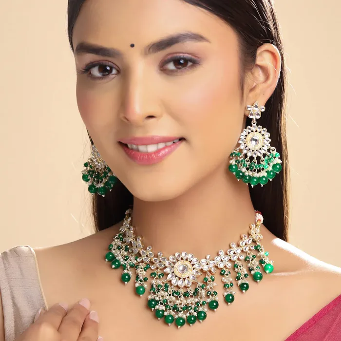 Yellow Chimes Earrings Yellow Chimes Jewellery Set for Women and Girls Kundan Necklace Set Gold Plated Kundan Studded Beads Drop Choker Necklace Set Birthday Gift for girls and women Anniversary Gift for Wife