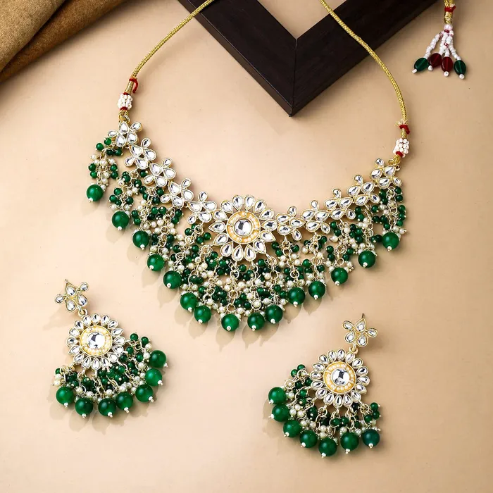 Yellow Chimes Earrings Yellow Chimes Jewellery Set for Women and Girls Kundan Necklace Set Gold Plated Kundan Studded Beads Drop Choker Necklace Set Birthday Gift for girls and women Anniversary Gift for Wife