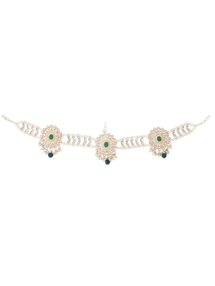 Yellow Chimes Earrings Yellow Chimes Mathapati for Women Gold Toned Kundan and Green Crystal Studded Pearl Designed Head ChainMathapati for Women and Girls