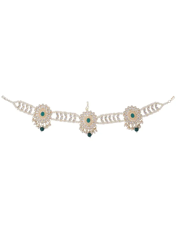 Yellow Chimes Earrings Yellow Chimes Mathapati for Women Gold Toned Kundan and Green Crystal Studded Pearl Designed Head ChainMathapati for Women and Girls