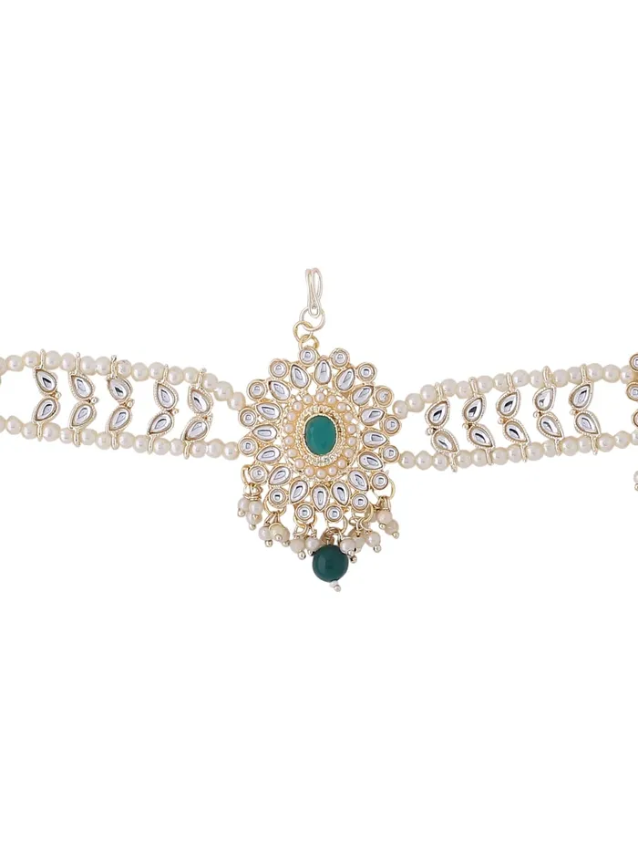 Yellow Chimes Earrings Yellow Chimes Mathapati for Women Gold Toned Kundan and Green Crystal Studded Pearl Designed Head ChainMathapati for Women and Girls