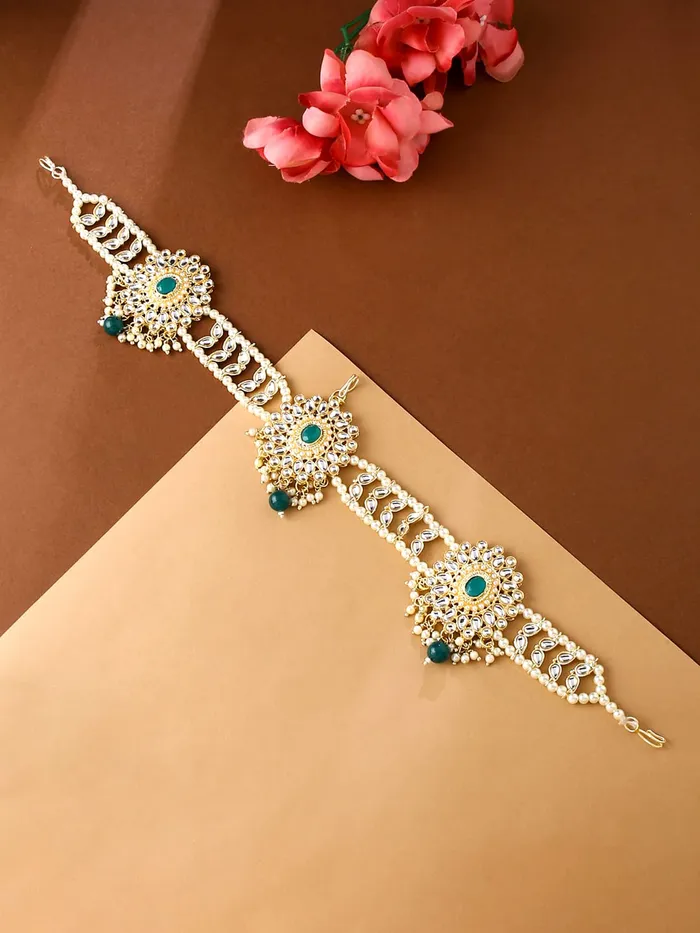 Yellow Chimes Earrings Yellow Chimes Mathapati for Women Gold Toned Kundan and Green Crystal Studded Pearl Designed Head ChainMathapati for Women and Girls