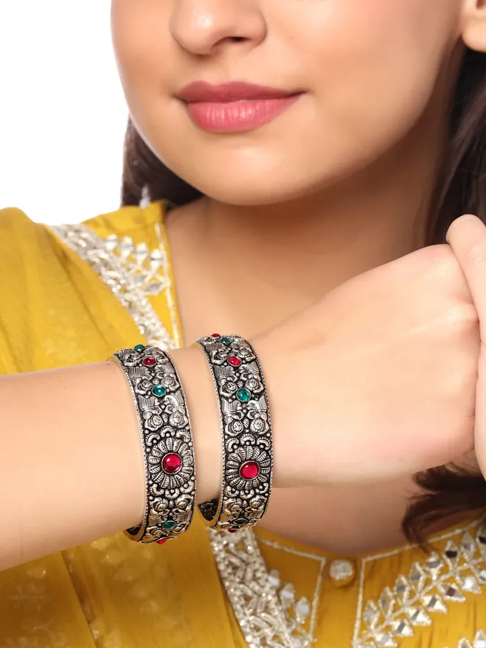 Yellow Chimes Earrings Yellow Chimes Oxidised Bangles Set for Women Authentic Kolhapuri Work Handmade Kundan Studded Bangles Sets for Women and Girls