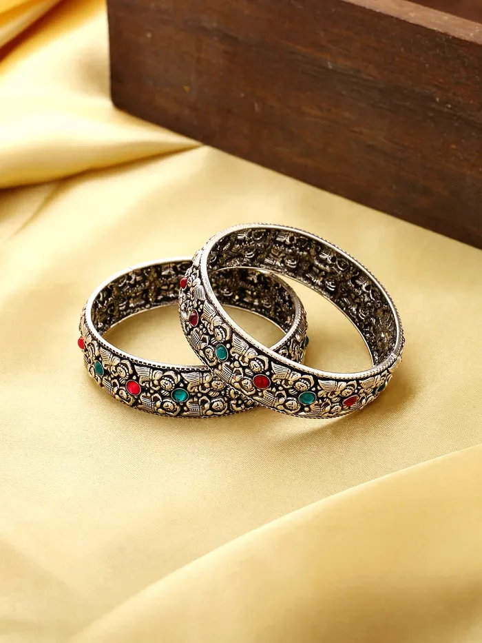 Yellow Chimes Earrings Yellow Chimes Oxidised Bangles Set for Women Authentic Kolhapuri Work Handmade Kundan Studded Bangles Sets for Women and Girls