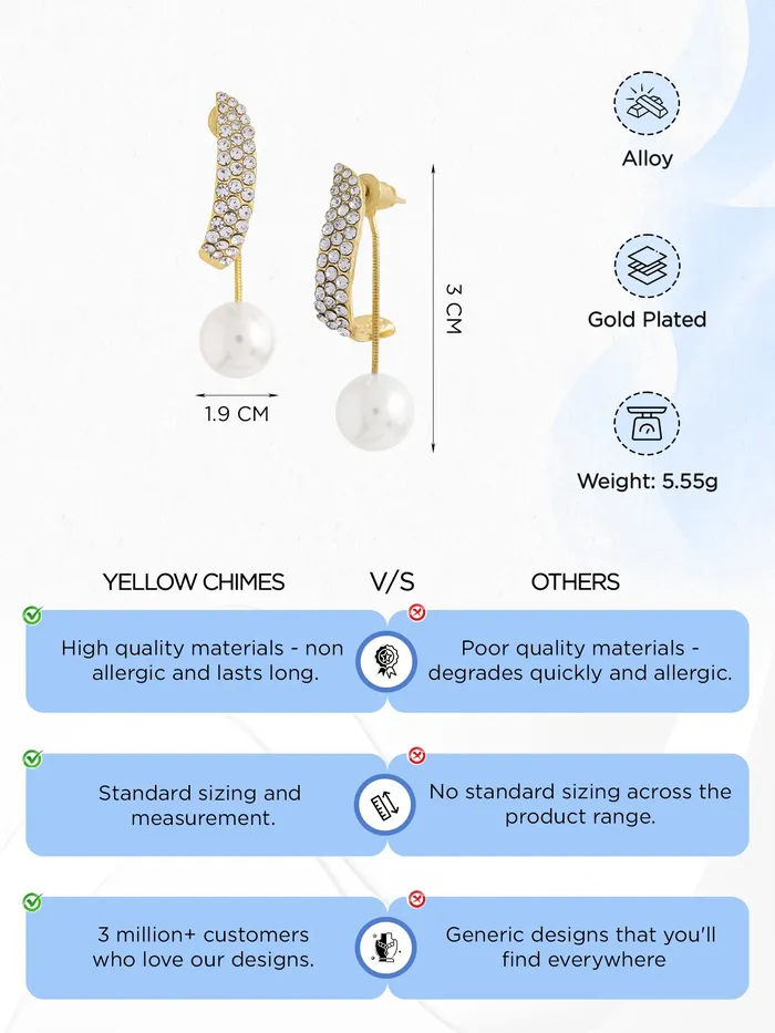 Yellow Chimes Earrings Yellow Chimes Pearl Drop Earrings for Women Fashion Golden Women Earrings Gold Plated White Pearls Earrings for Girls Birthday Gift for Girls Anniversary Gift for Women