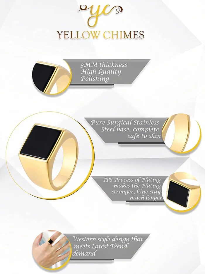 Yellow Chimes Earrings Yellow Chimes Rings for Men gold plated Black colored in Center Metal Stainless Steel Band Style Ring for men and BoysSize US 10