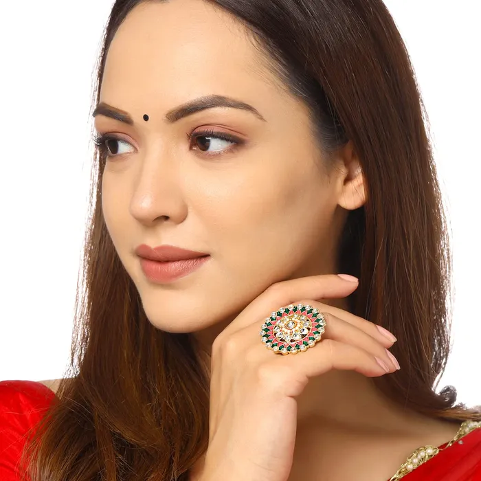 Yellow Chimes Earrings Yellow Chimes Rings for Women 3 Pcs Set of Adjustable Kundan Studded Rings for Women and Girls