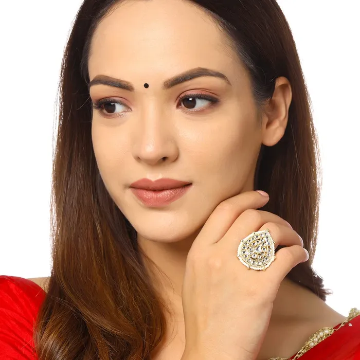 Yellow Chimes Earrings Yellow Chimes Rings for Women 3 Pcs Set of Adjustable Kundan Studded Rings for Women and Girls