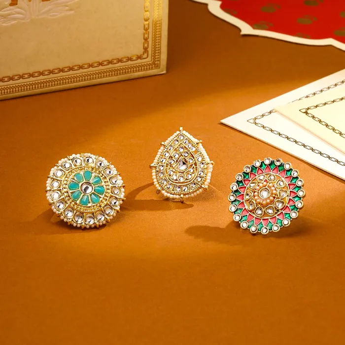 Yellow Chimes Earrings Yellow Chimes Rings for Women 3 Pcs Set of Adjustable Kundan Studded Rings for Women and Girls