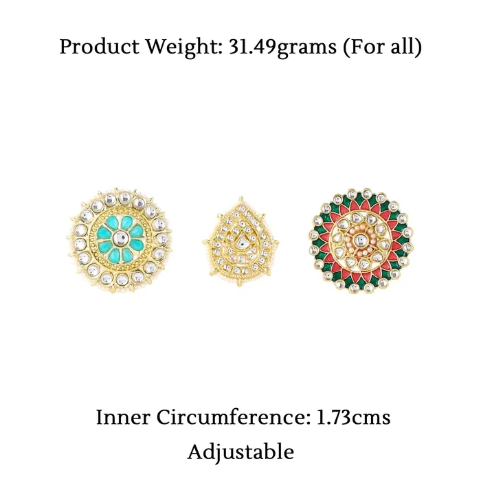 Yellow Chimes Earrings Yellow Chimes Rings for Women 3 Pcs Set of Adjustable Kundan Studded Rings for Women and Girls