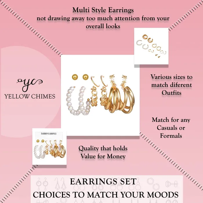 Yellow Chimes Earrings Yellow Chimes Set of 6 Gold Plated Pearl Contemporary Hoop and Stud Earrings For Women And Girls Pack Of 10