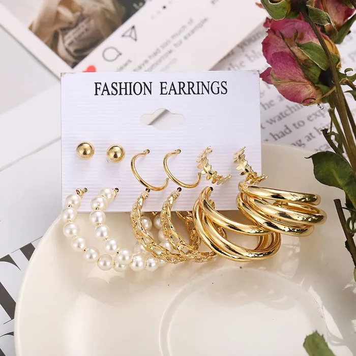 Yellow Chimes Earrings Yellow Chimes Set of 6 Gold Plated Pearl Contemporary Hoop and Stud Earrings For Women And Girls Pack Of 10