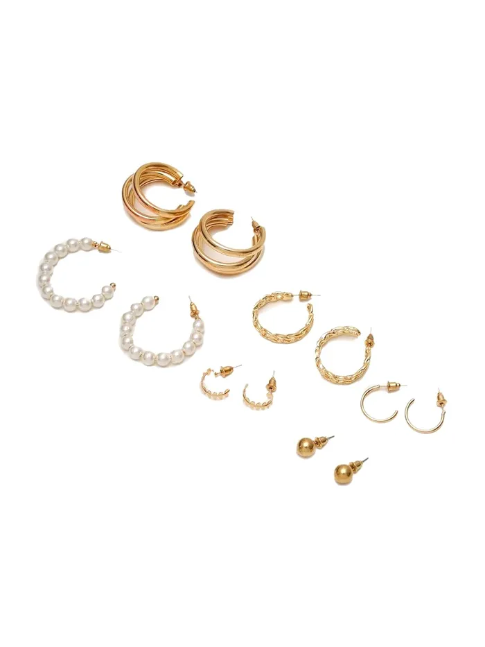 Yellow Chimes Earrings Yellow Chimes Set of 6 Gold Plated Pearl Contemporary Hoop and Stud Earrings For Women And Girls Pack Of 10
