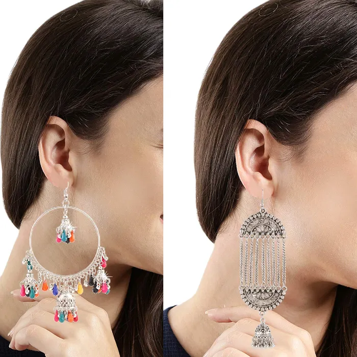 Yellow Chimes Earrings Yellow Chimes Stylish COMBO 2 Pairs Silver Oxidized Traditional Jhumka Earrings for Women and Girls