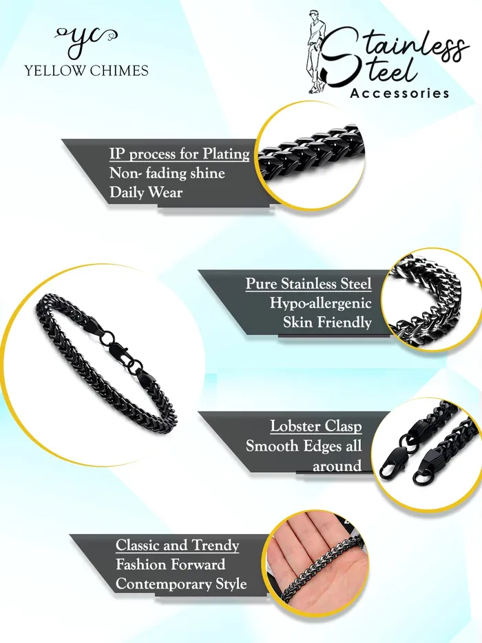 Yellow Chimes Earrings Yellow Chimes Stylish Stainless Steel Curb Chain Black Bracelet for MenUnisex