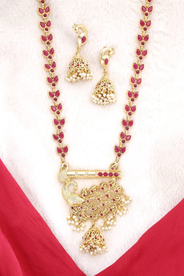 Yellow Chimes Earrings Yellow Chimes Traditional Jewellery Set for Women Gold Plated Ethnic Necklace Set Pink Stone Long Chain Necklace Set for Women and Girls