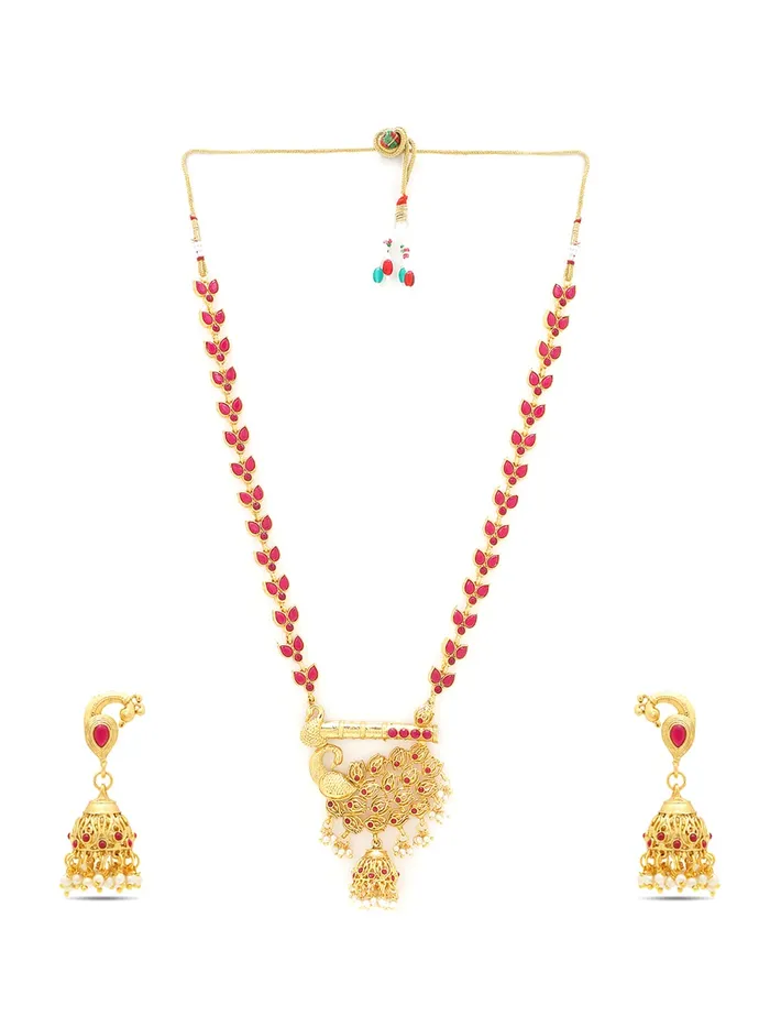 Yellow Chimes Earrings Yellow Chimes Traditional Jewellery Set for Women Gold Plated Ethnic Necklace Set Pink Stone Long Chain Necklace Set for Women and Girls
