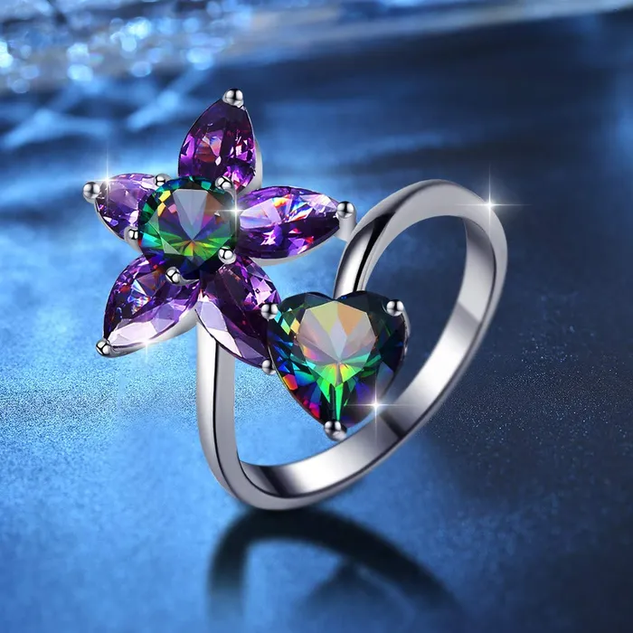 Yellow Chimes Elegant A5 Grade Floral Love Heart Purple Crystal Rhodium Plated Proposal Ring for Women Girls Yellow Chimes Earrings
