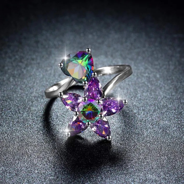 Yellow Chimes Elegant A5 Grade Floral Love Heart Purple Crystal Rhodium Plated Proposal Ring for Women Girls Yellow Chimes Earrings