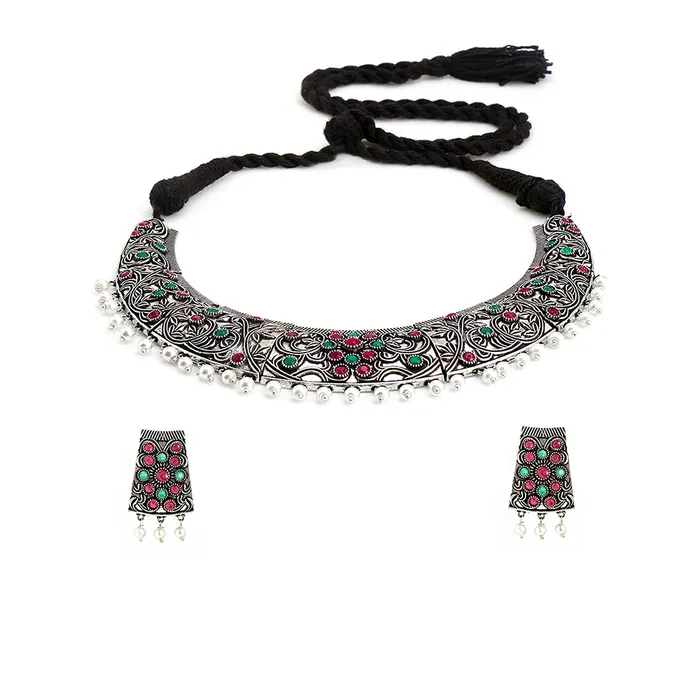 Yellow Chimes Ethnic German Silver Oxidised Multicolour studded Stones Hand made Dori Thread Choker Necklace Set Traditional Jewellery Set for Women and Girls Medium YCTJNS39OXDSTNMC Yellow Chimes Necklaces Yellow Chimes Ethnic German Silver Oxidised Multicolour studded Stones Hand made Dori Thread Choker Necklace Set Traditional Jewellery Set for Women and Girls Medium YCTJNS39OXDSTNMC Yellow Chimes Necklaces