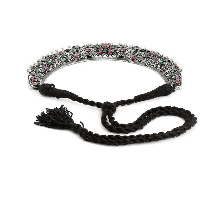 Yellow Chimes Ethnic German Silver Oxidised Multicolour studded Stones Hand made Dori Thread Choker Necklace Set Traditional Jewellery Set for Women and Girls Medium YCTJNS39OXDSTNMC Yellow Chimes Necklaces